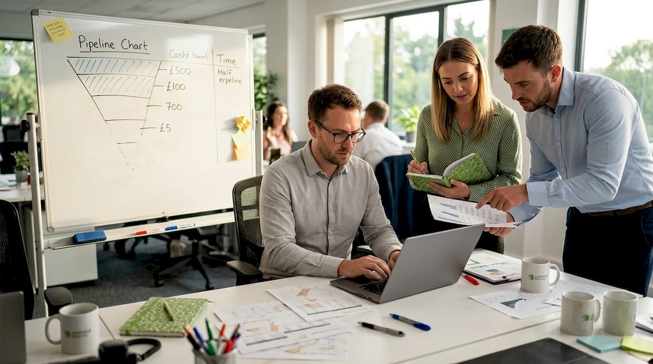 Sales team discussing pipeline issues around whiteboard