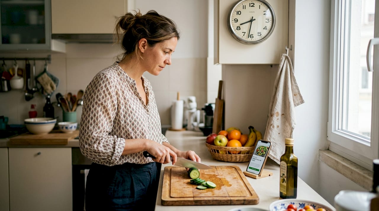 Numa cozinha luminosa, uma mulher está a preparar uma salada com legumes acabados de colher.