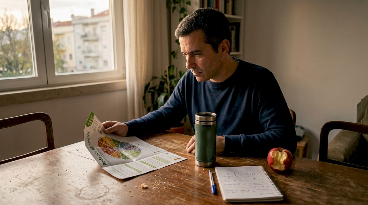 Homem observa atentamente um panfleto sobre a Roda dos Alimentos
