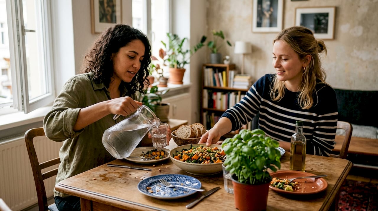Grupo de amigos à mesa a desfrutar de uma refeição vegetariana em boa companhia.