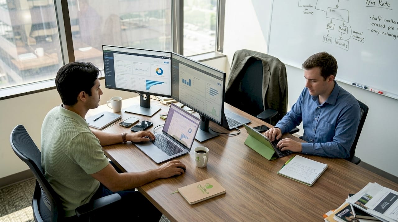 Sales team collaborating with AI dashboard