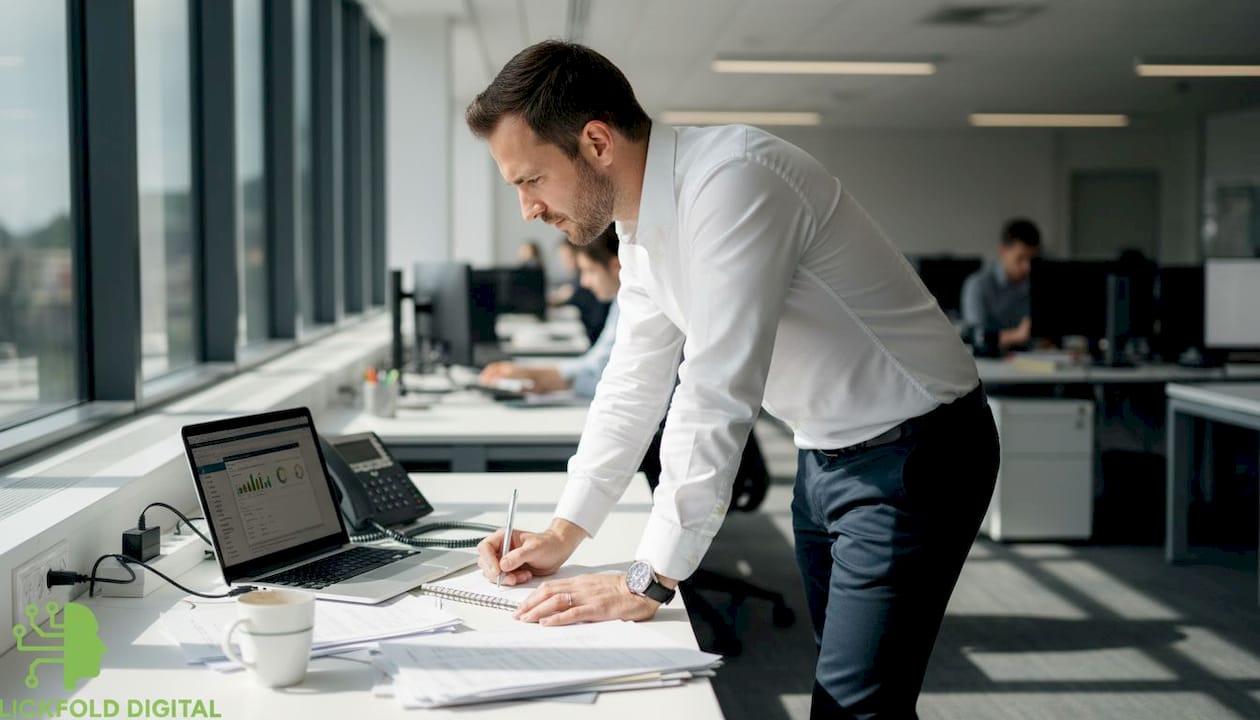 Sales manager reviewing qualification notes at desk