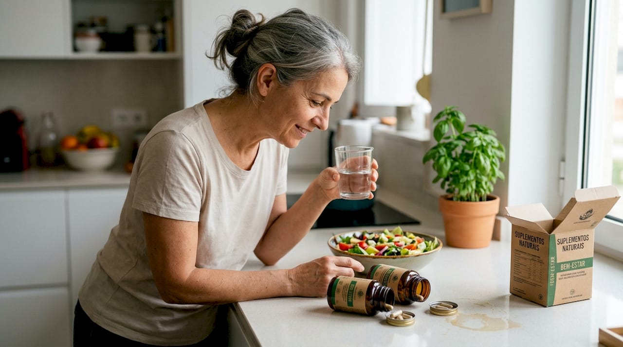 Senhora de meia-idade analisa suplementos naturais na sua cozinha