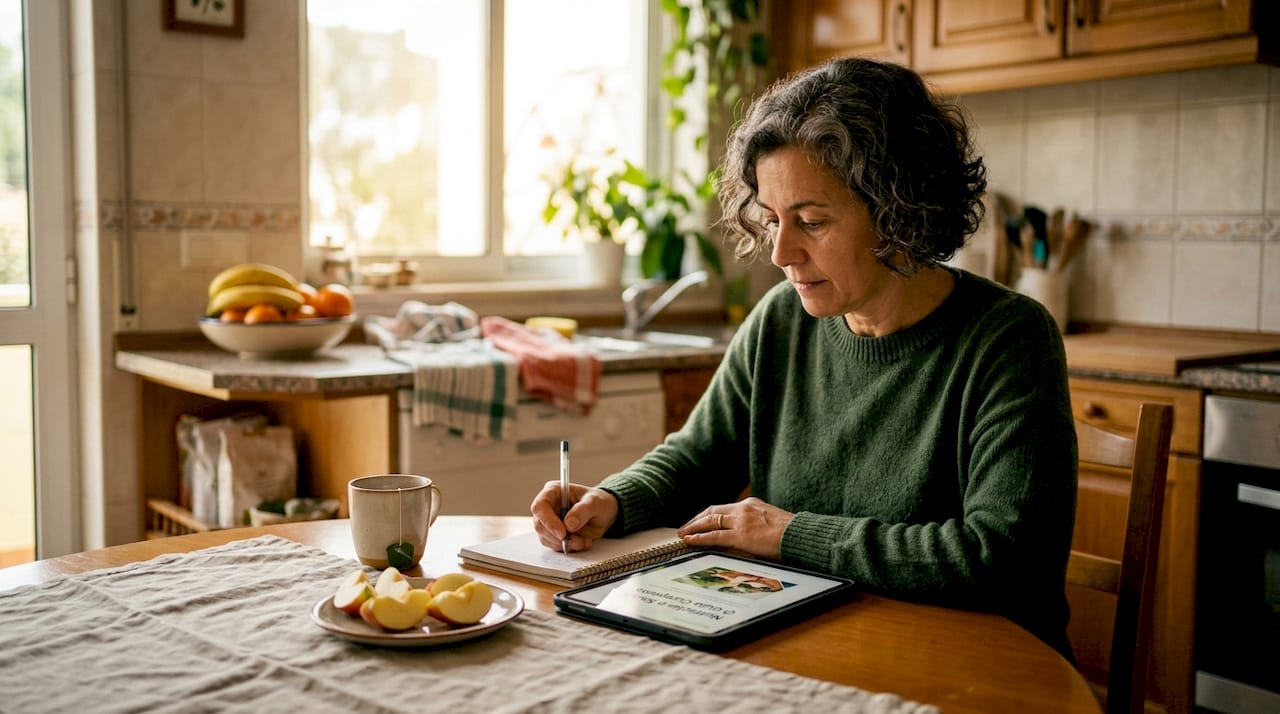 Uma mulher com experiência folheia um e-book de dicas de alimentação enquanto prepara uma refeição na sua cozinha.