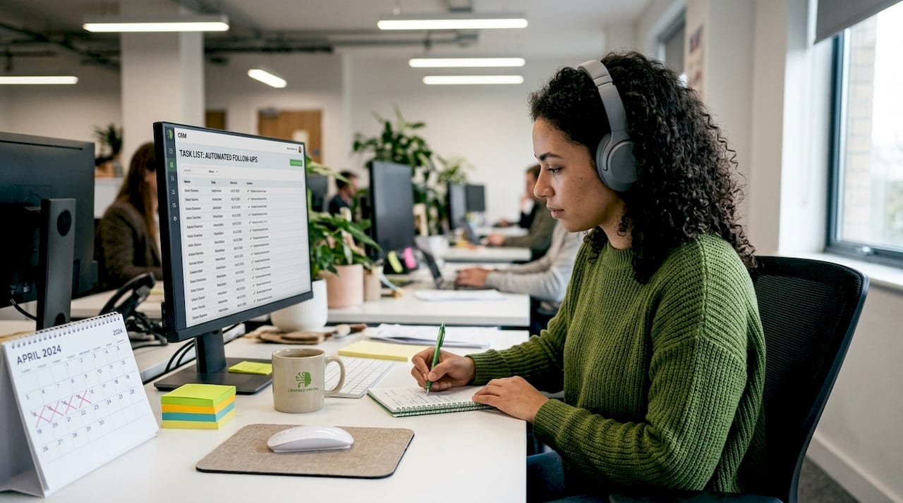 Sales executive reviews automated workflow at work