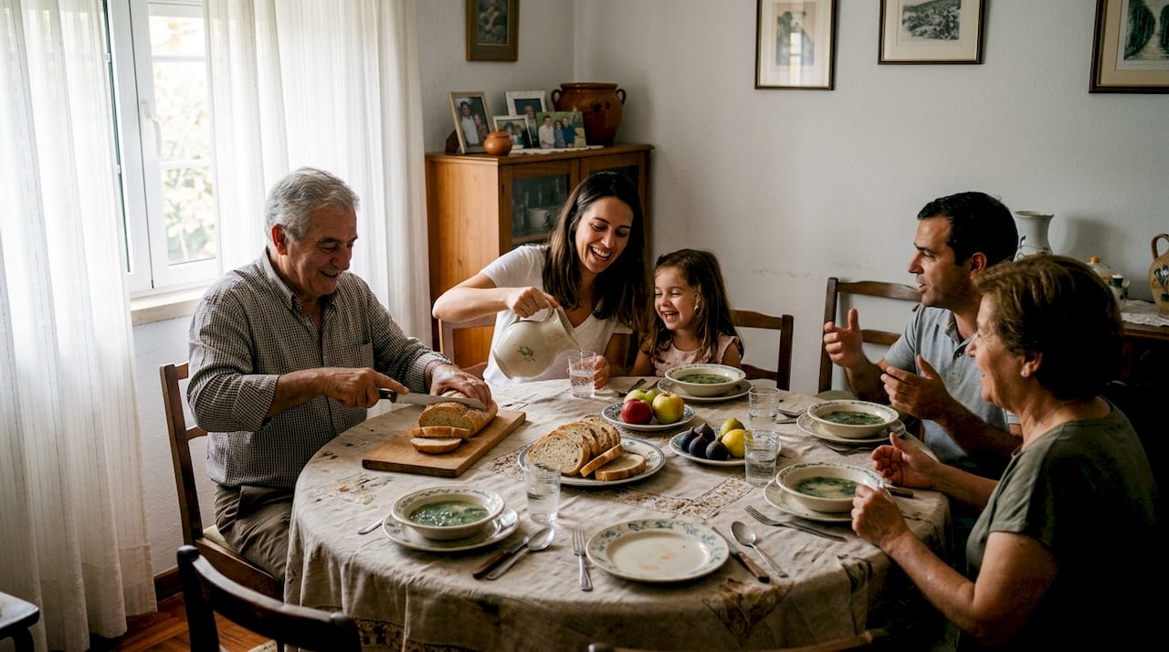 Família portuguesa à volta da mesa a partilhar o almoço