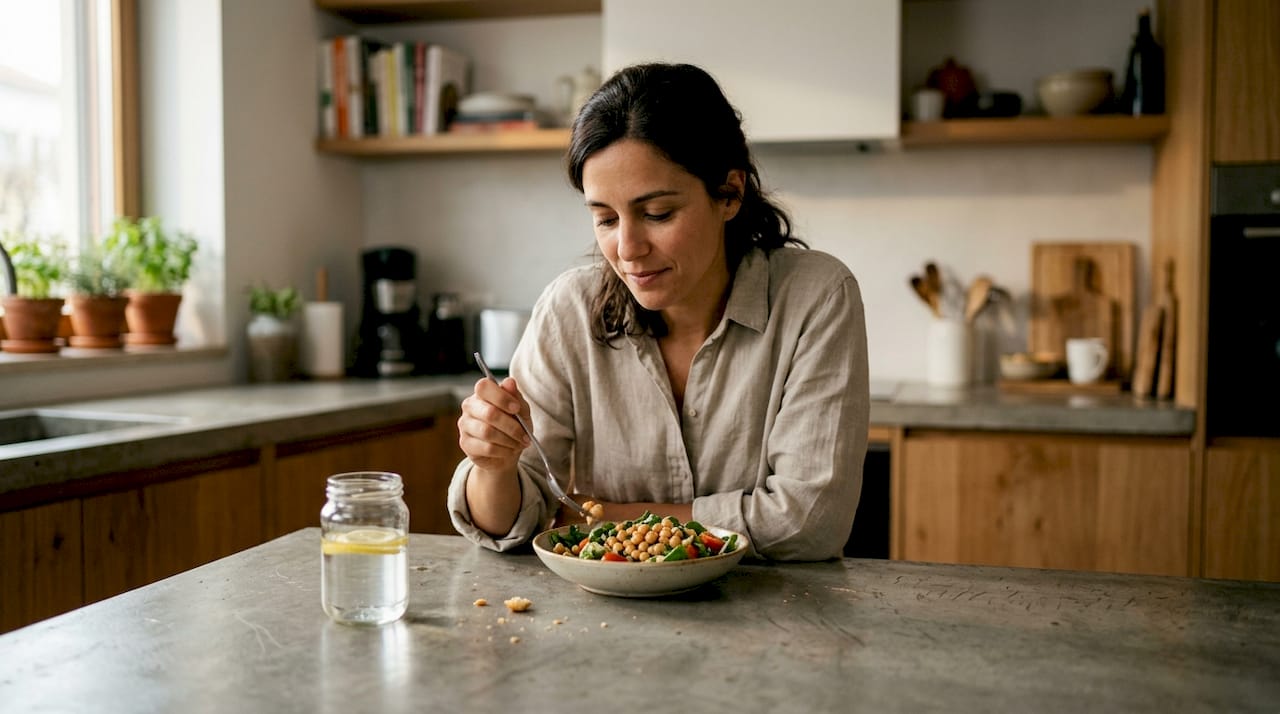 Numa cozinha cheia de encanto, uma mulher saboreia calmamente a sua refeição.