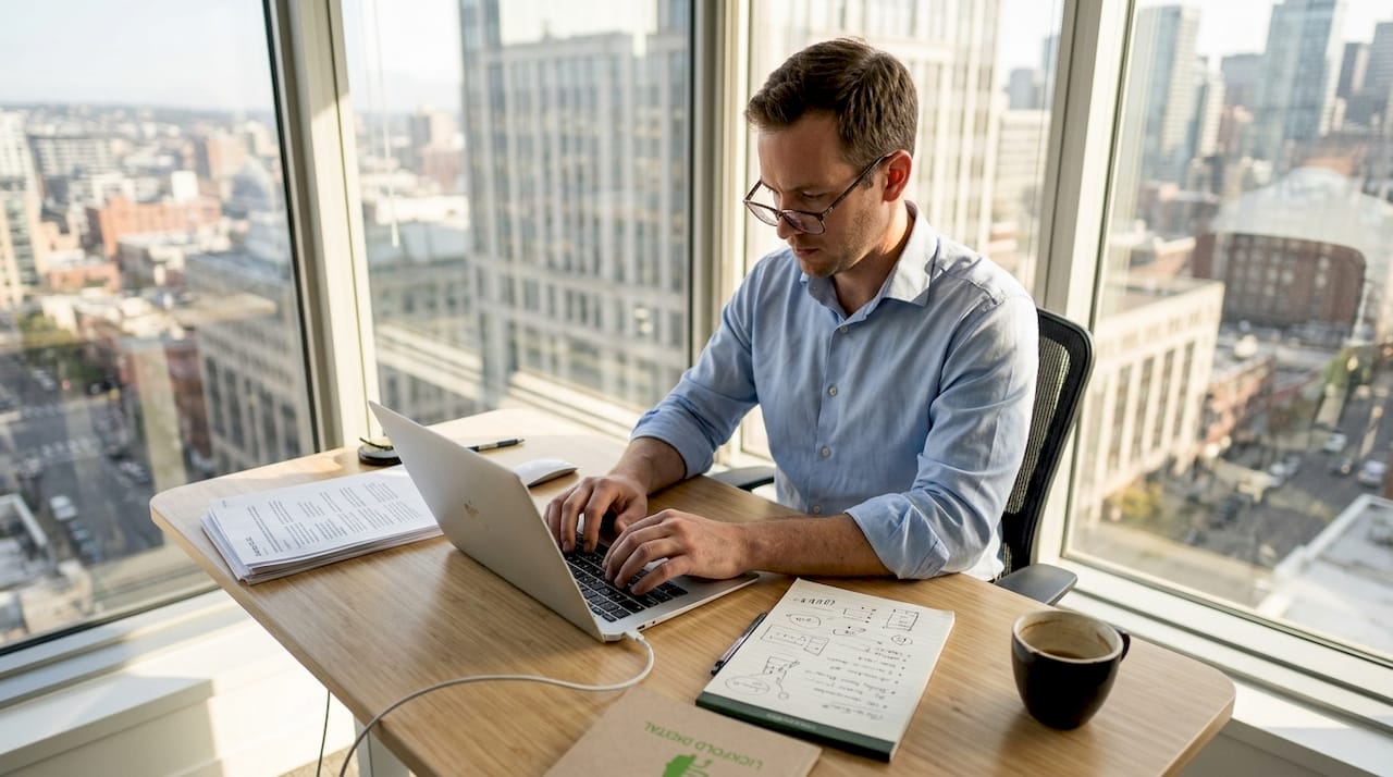 Professional writing personalized business email in bright office