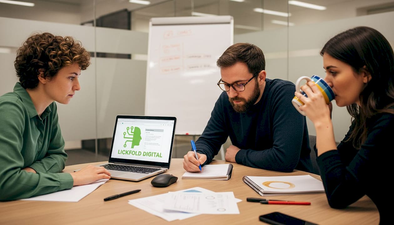 Team reviewing email outreach tools in conference room