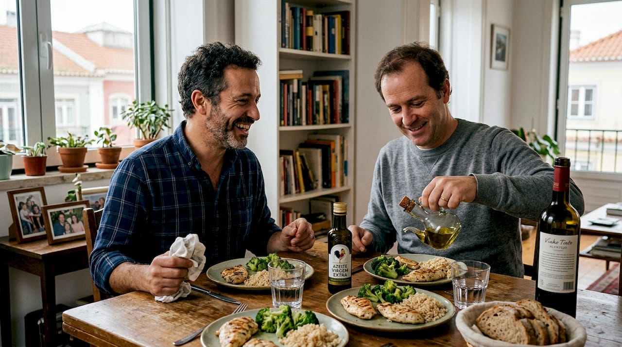 Dois amigos à mesa a desfrutar de uma refeição saudável e equilibrada.