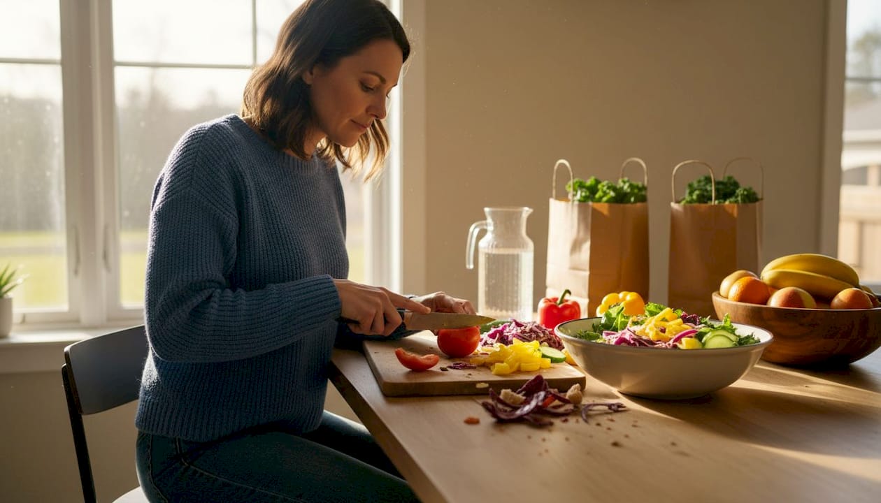 Uma mulher está a preparar uma salada saudável na cozinha, escolhendo ingredientes frescos para uma refeição leve e nutritiva.