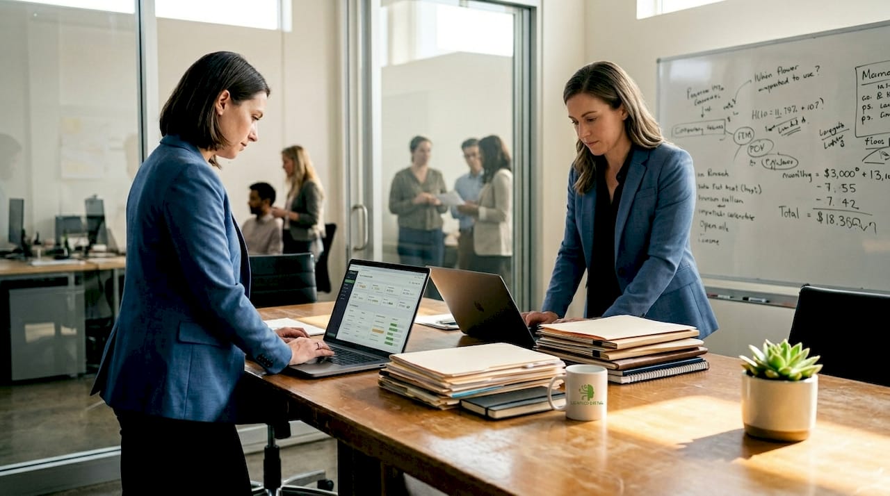 Sales team leader reviews workflow dashboard