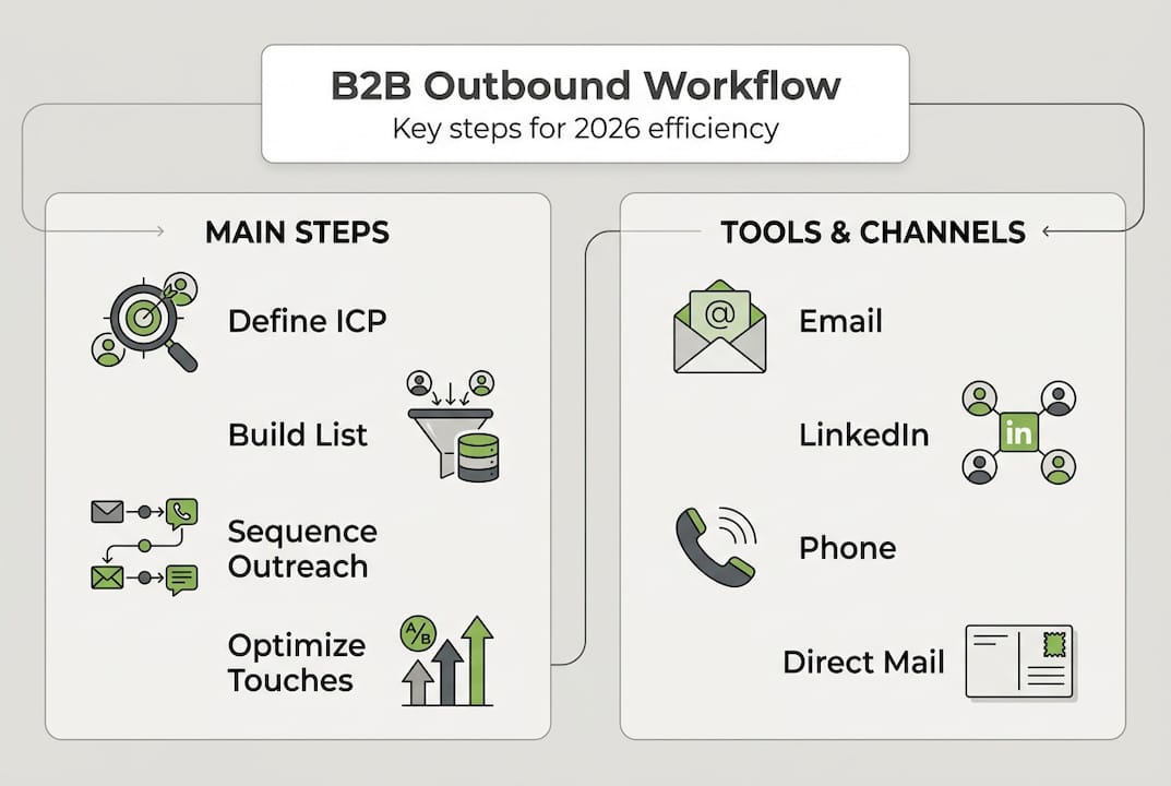 Infographic shows B2B outbound workflow steps and tools