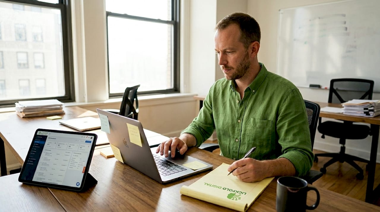 Manager emailing at desk, outbound workflow visible