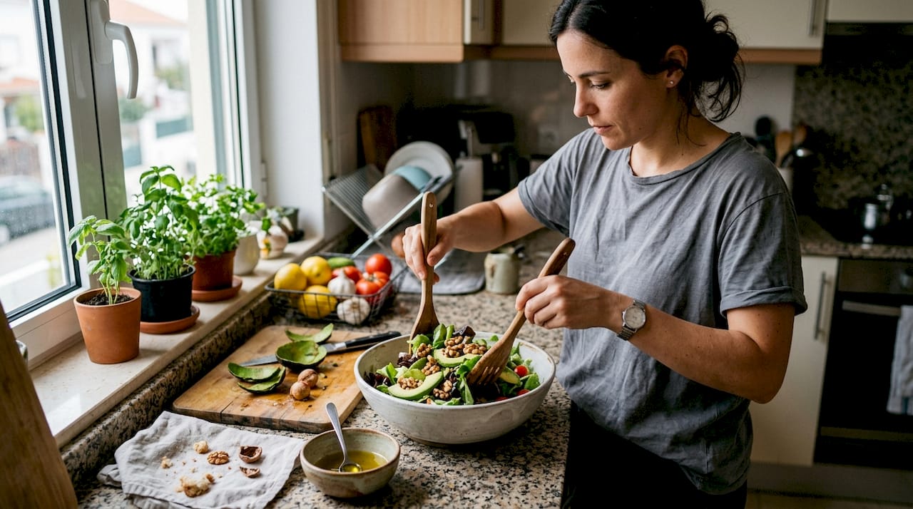 Uma mulher está na cozinha a preparar uma salada com ingredientes ricos em gorduras saudáveis.