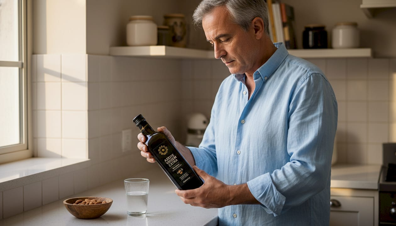 Homem observa atentamente o rótulo de uma garrafa de azeite numa cozinha impecavelmente arrumada.