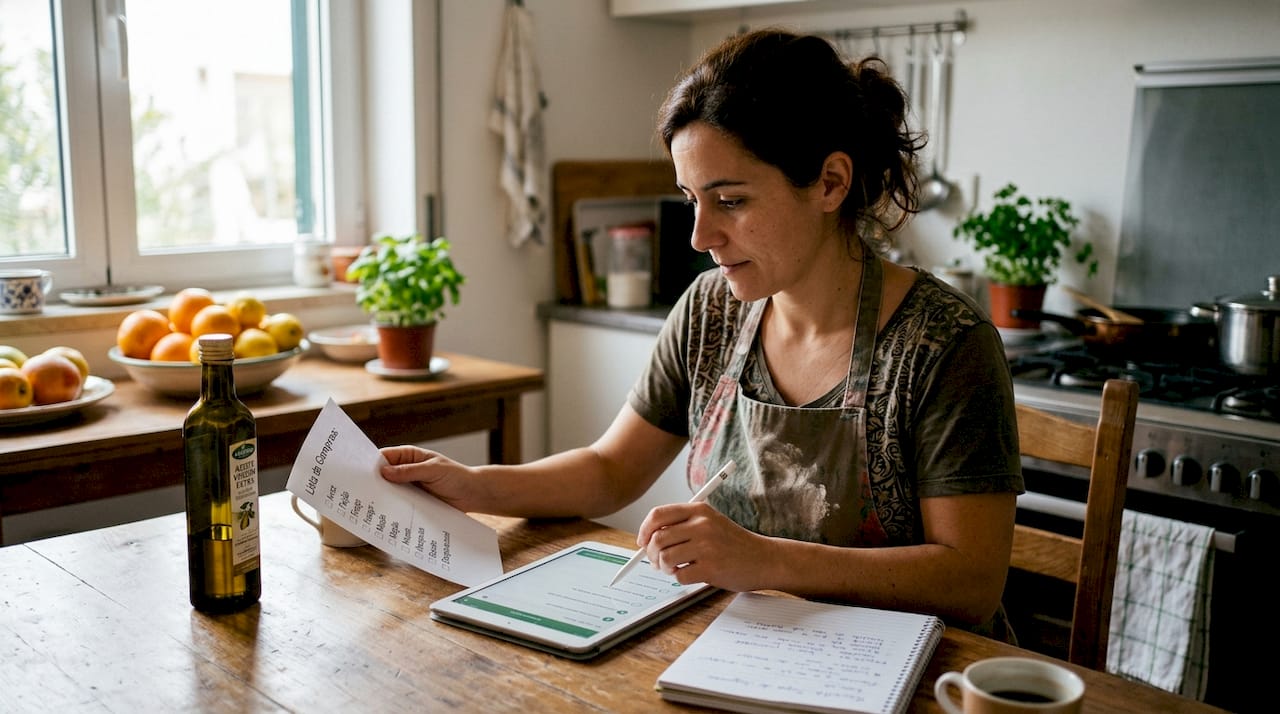 Nutricionista analisa o plano alimentar ao balcão da cozinha