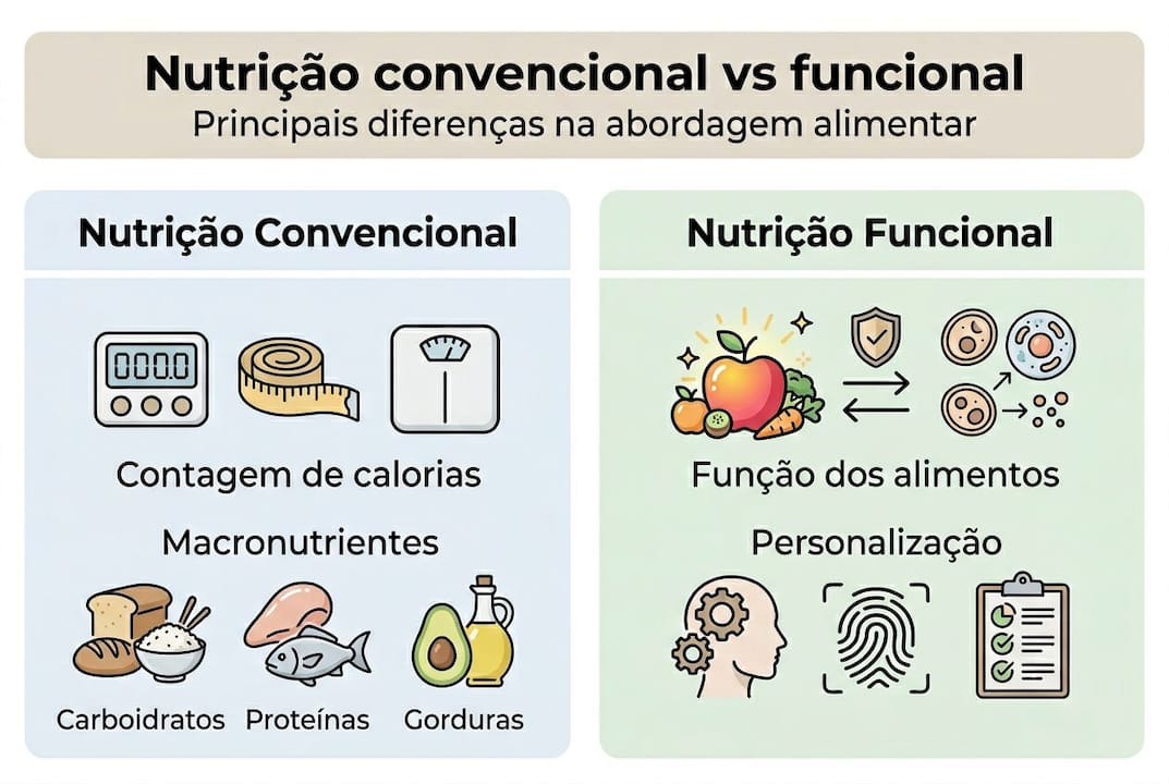 Infográfico: principais diferenças entre nutrição funcional e nutrição tradicional