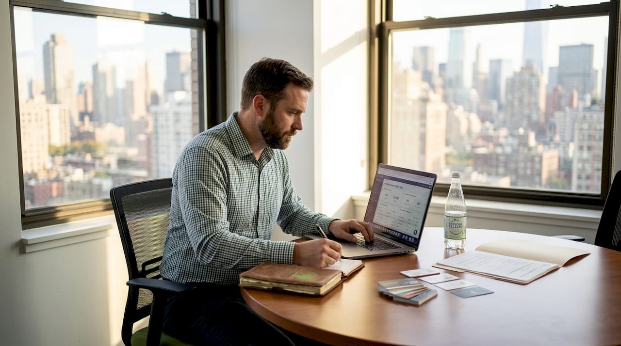 Marketing manager reviewing database at office table