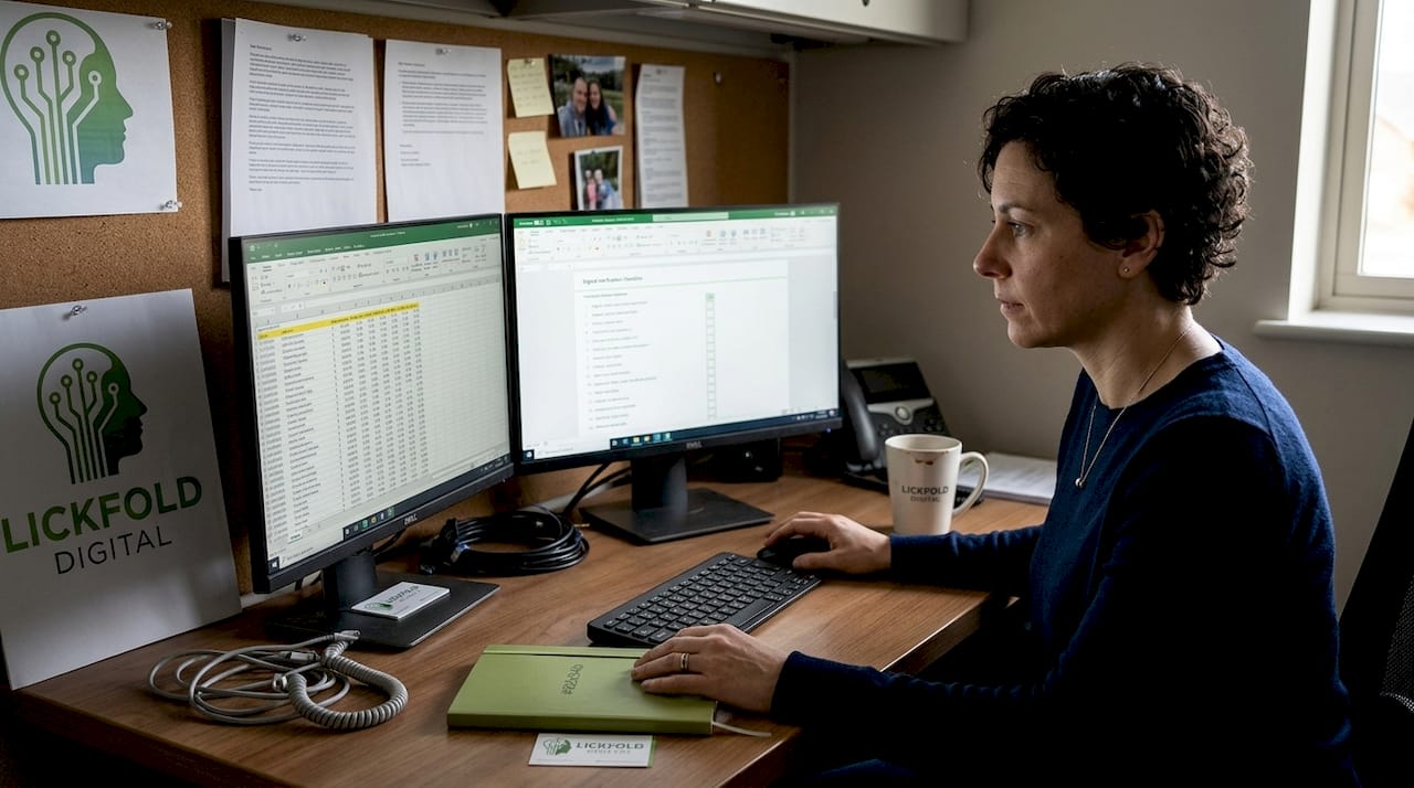 Data specialist verifying contact details at desk