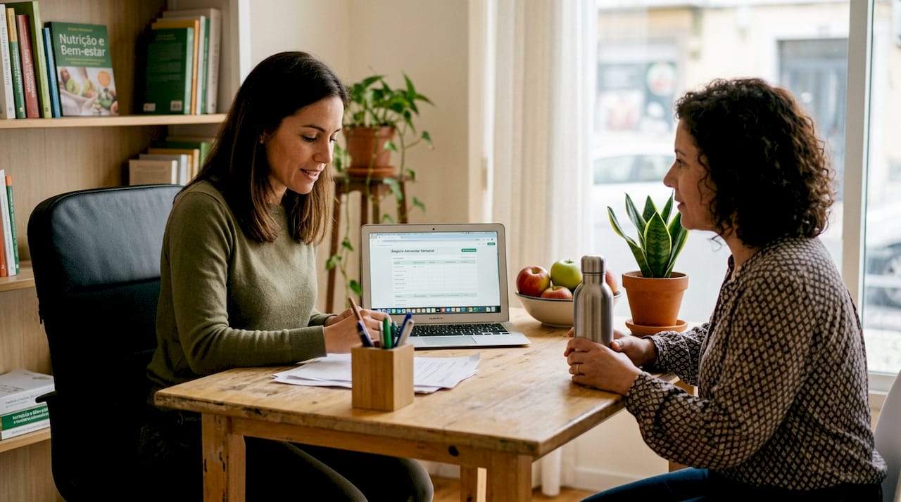 Consulta de nutrição com paciente num consultório moderno