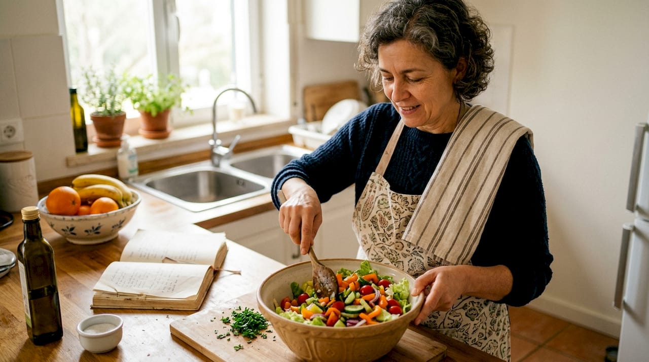 Senhora de meia-idade prepara uma refeição na cozinha