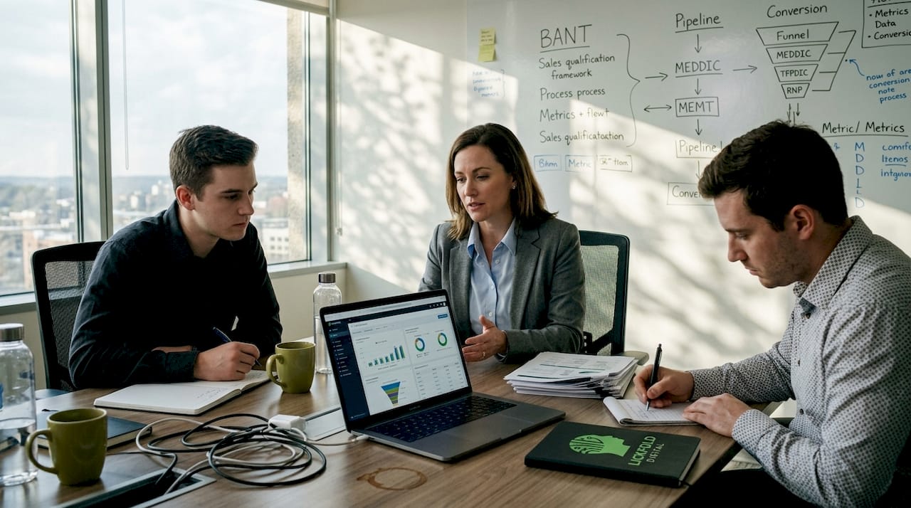 Sales team reviews leads in office setting