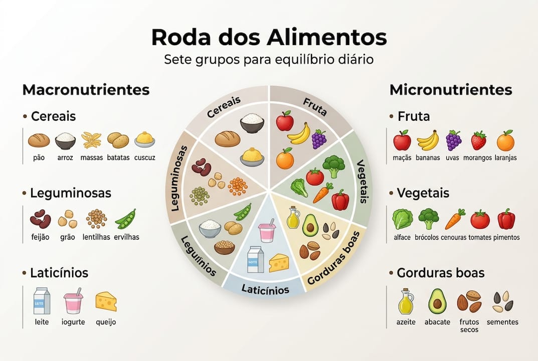 Infográfico que mostra como estão organizados os grupos da Roda dos Alimentos
