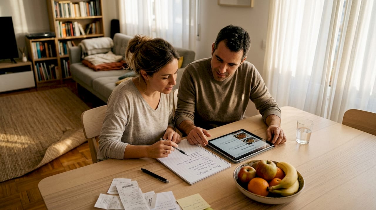 Um casal senta-se à mesa a organizar as próximas refeições em conjunto.