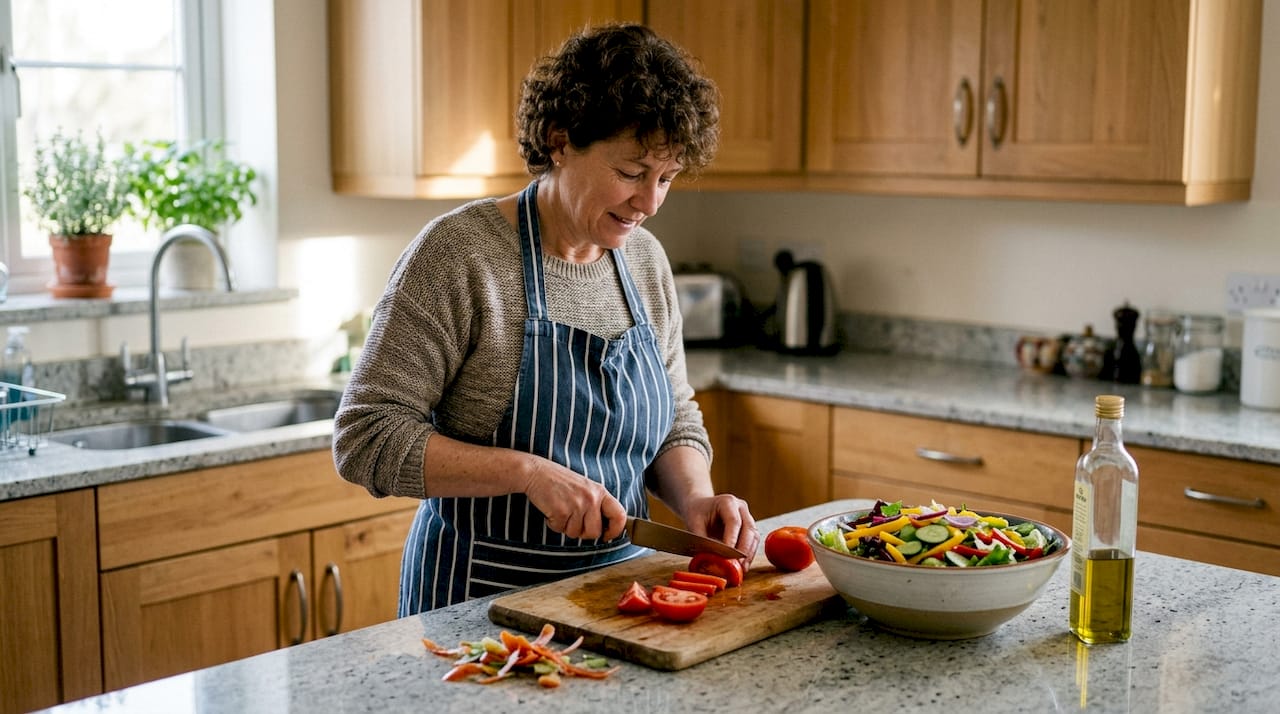 Uma mulher está a preparar uma salada na sua própria cozinha.