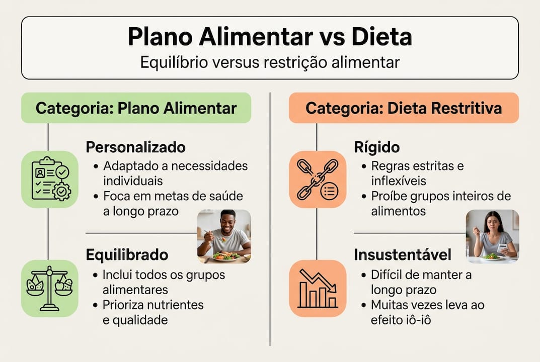Infográfico mostra as diferenças entre um plano alimentar equilibrado e uma dieta restritiva