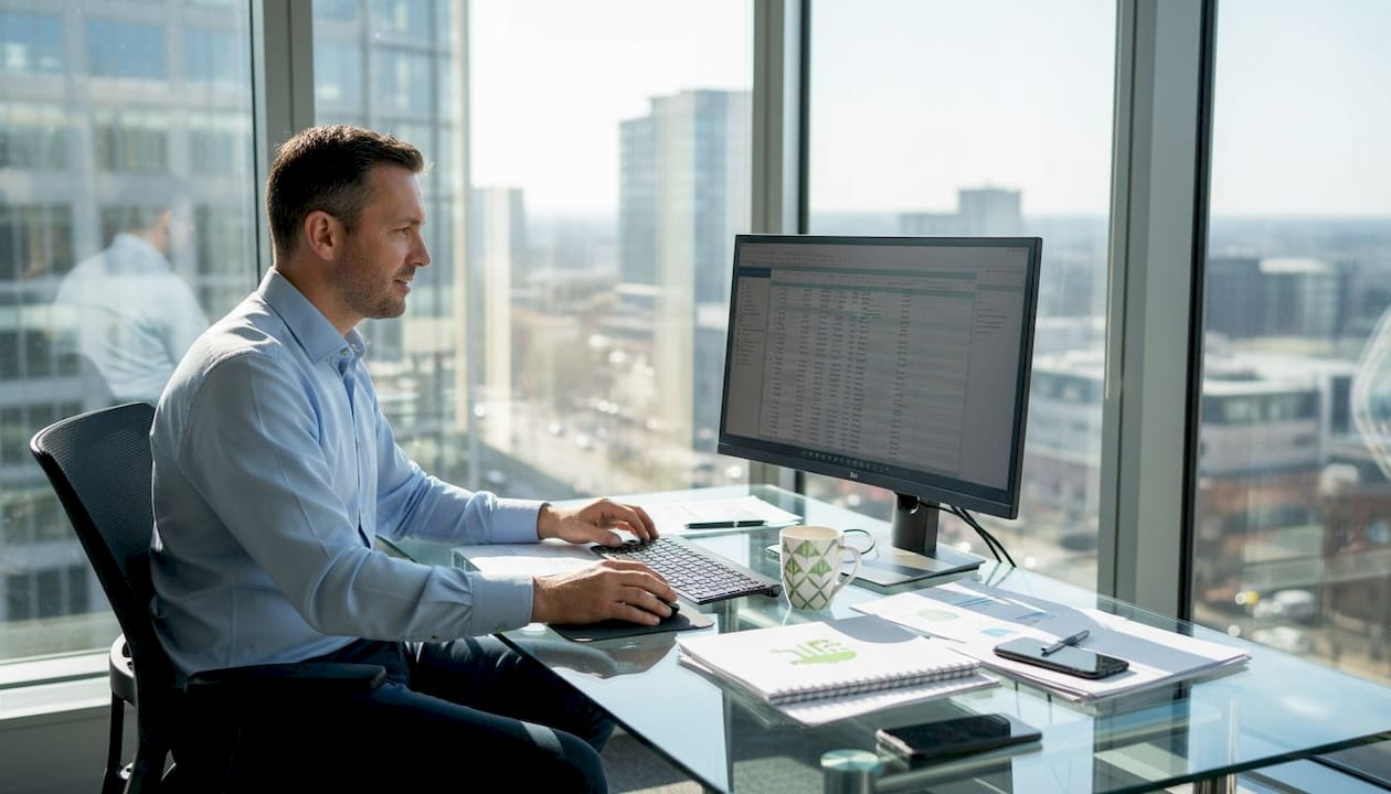 Business analyst reviewing market research data