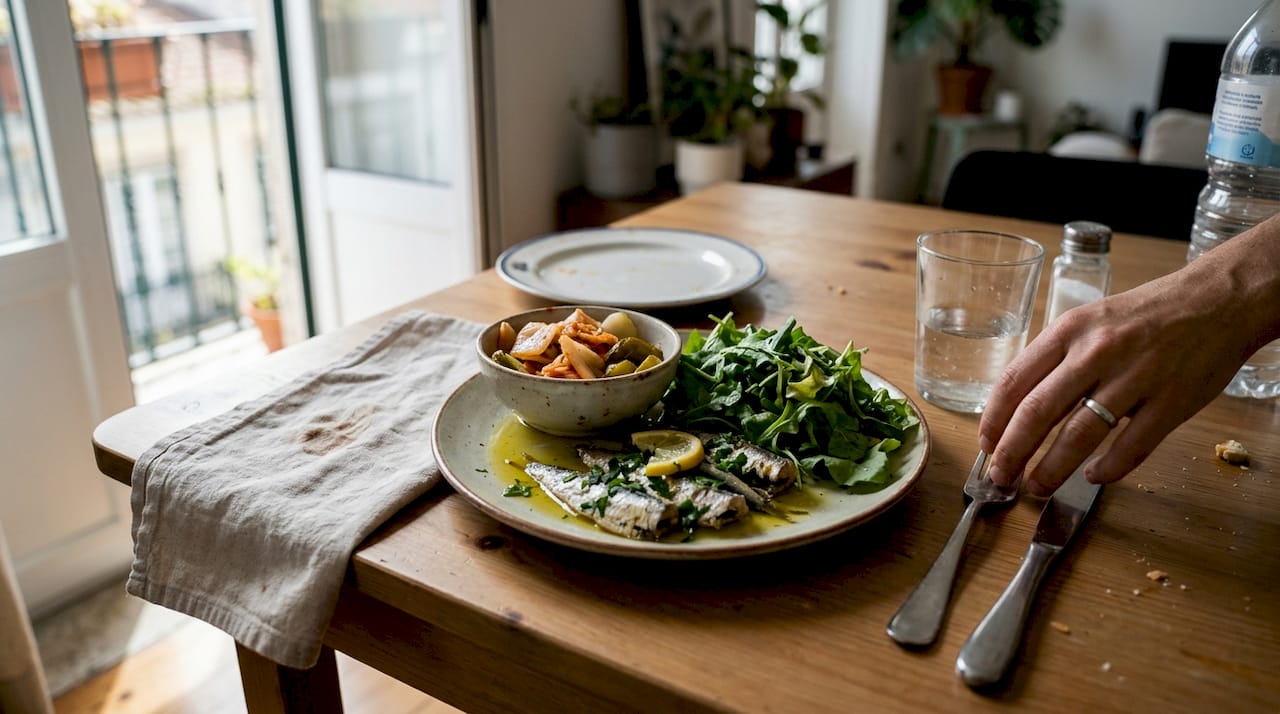 Uma refeição rica em alimentos fermentados, verduras frescas e sardinhas.
