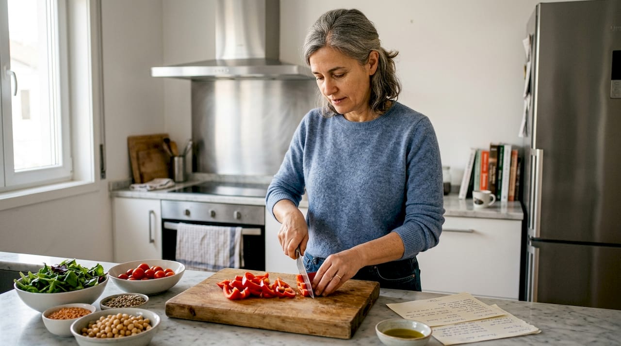 Uma mulher dedica-se a preparar refeições saudáveis na cozinha.