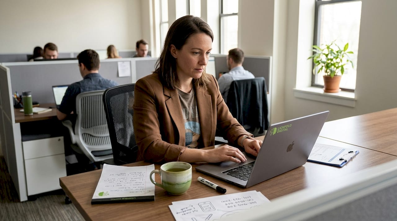 Professional reviewing CRM on office laptop