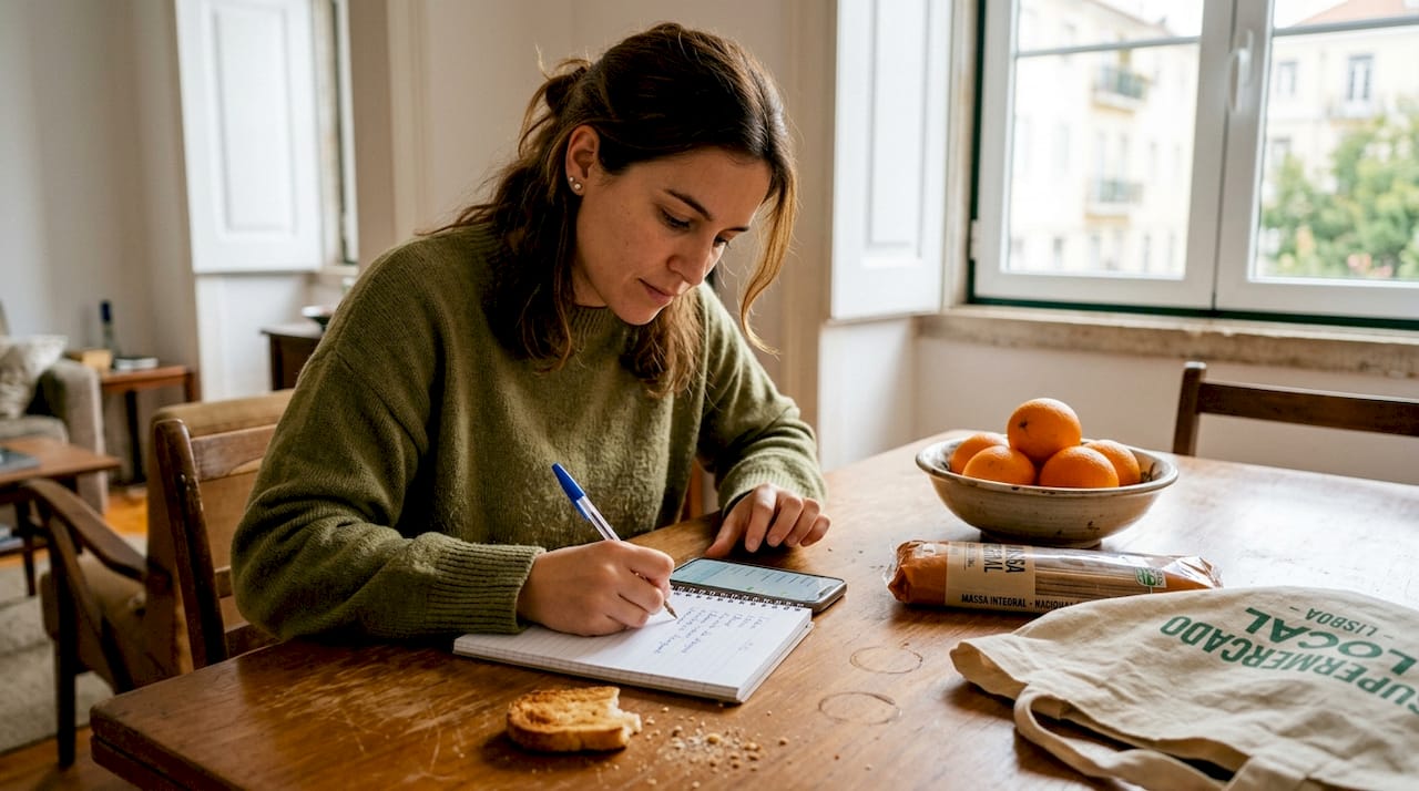 Pessoa prepara uma lista de compras variada e equilibrada, pensando em manter uma alimentação saudável.