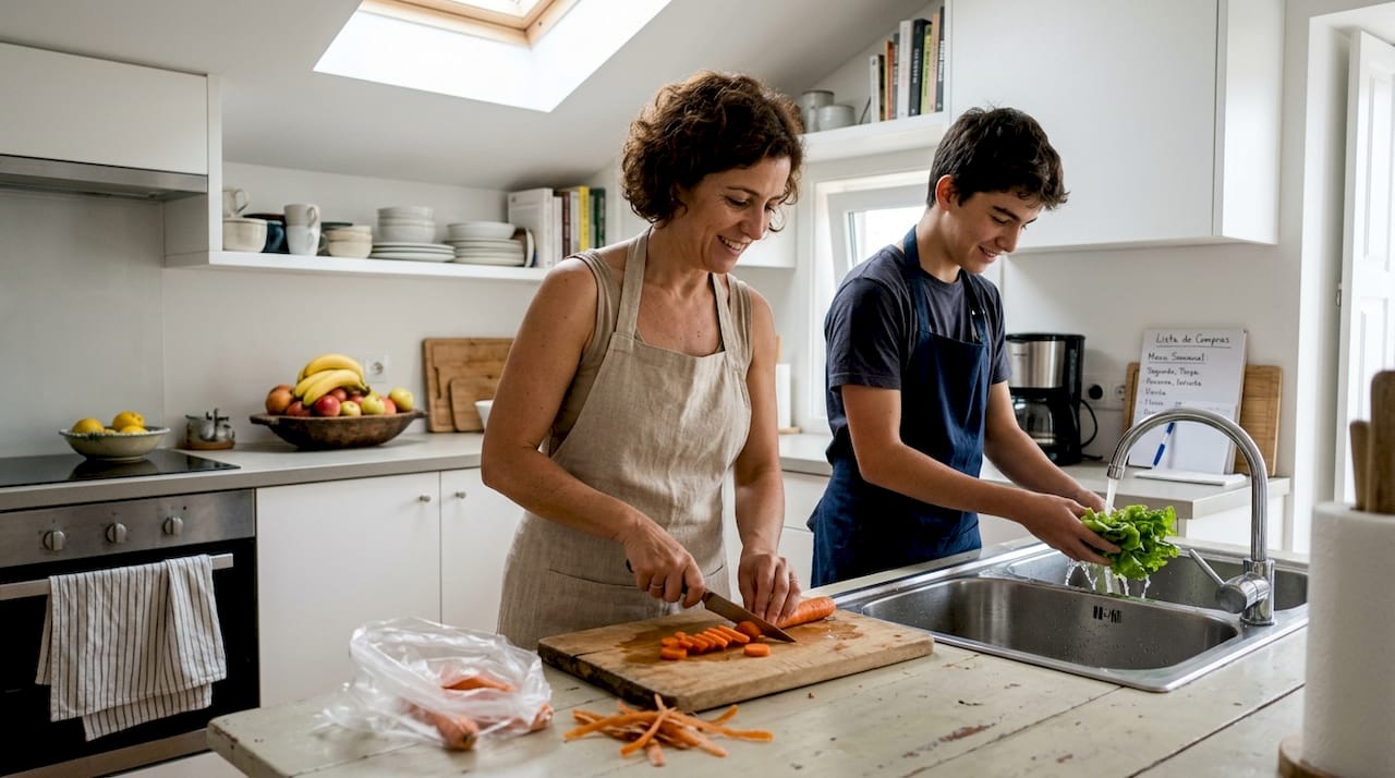 Uma família reúne-se na cozinha para preparar uma refeição equilibrada e cheia de sabor.