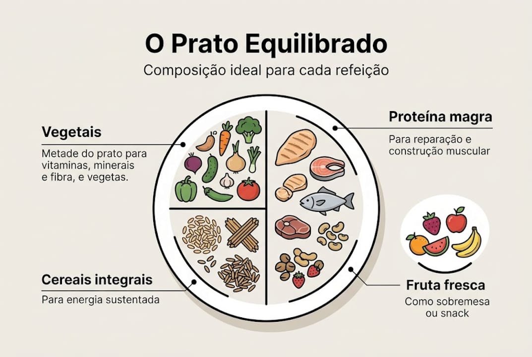 Infografia: como compor um prato saudável com todos os grupos alimentares essenciais