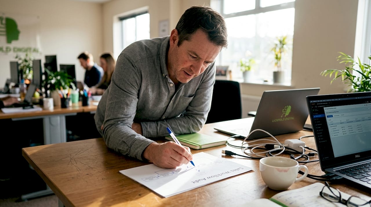 Manager auditing sales automation workflow