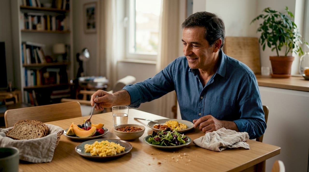 Um homem está a compor o prato com diferentes tipos de comida à mesa.