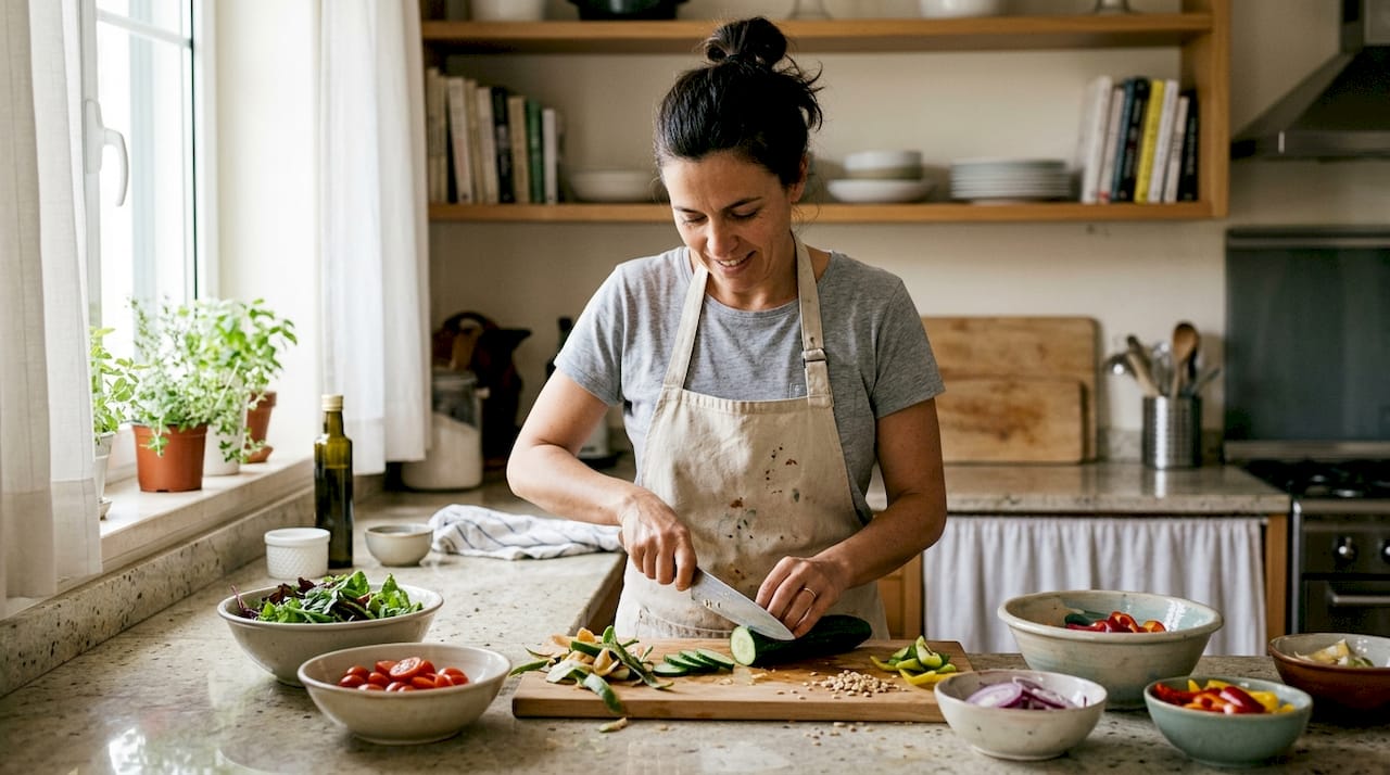 Uma mulher está a fazer uma salada na cozinha de casa.
