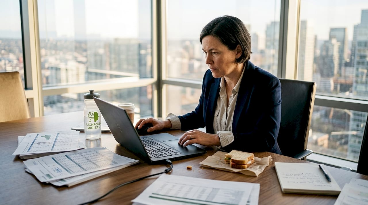 Business analyst reviews spreadsheet in corner office