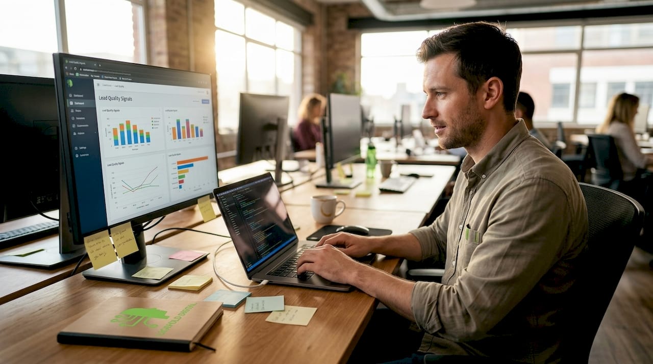 IT manager analyzes AI signals at desk