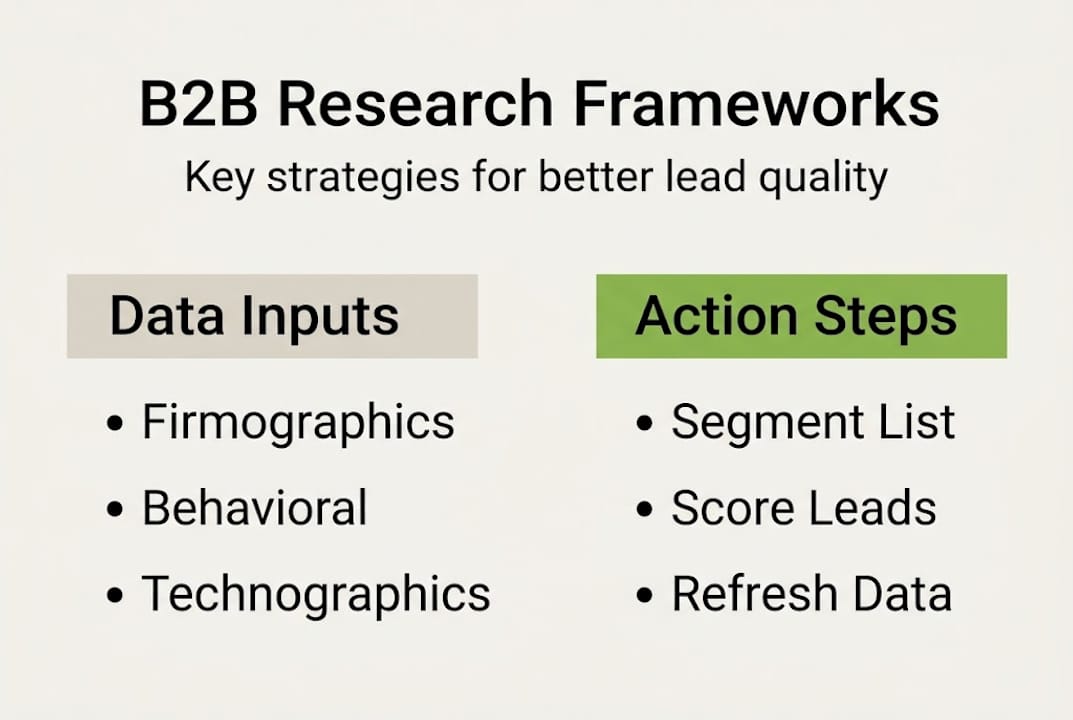 Infographic of B2B research frameworks and action steps