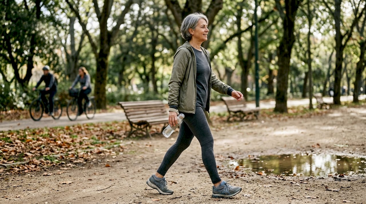 Uma mulher a passear pelo parque da cidade ao início da manhã.