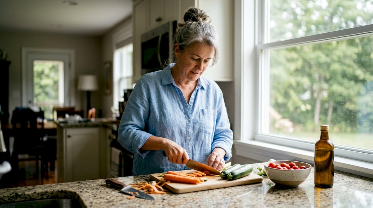 Senhora a preparar uma refeição com ingredientes frescos na cozinha