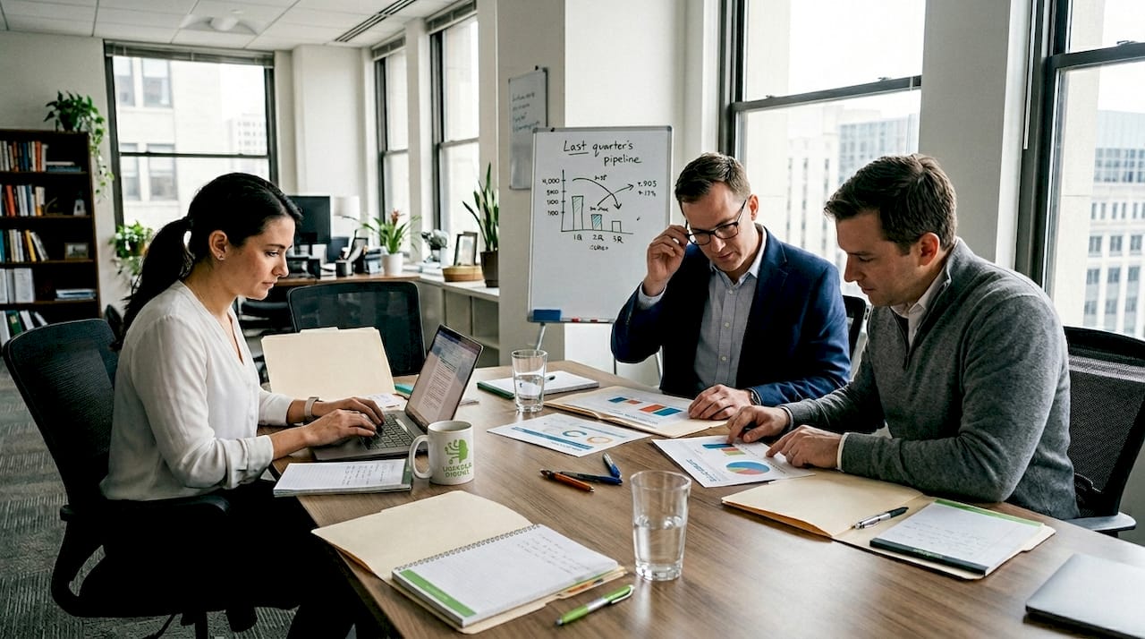 Sales team discussing strategy in corner office