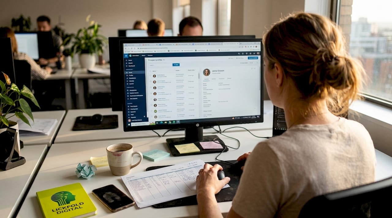 Marketer researching ICP at busy workspace