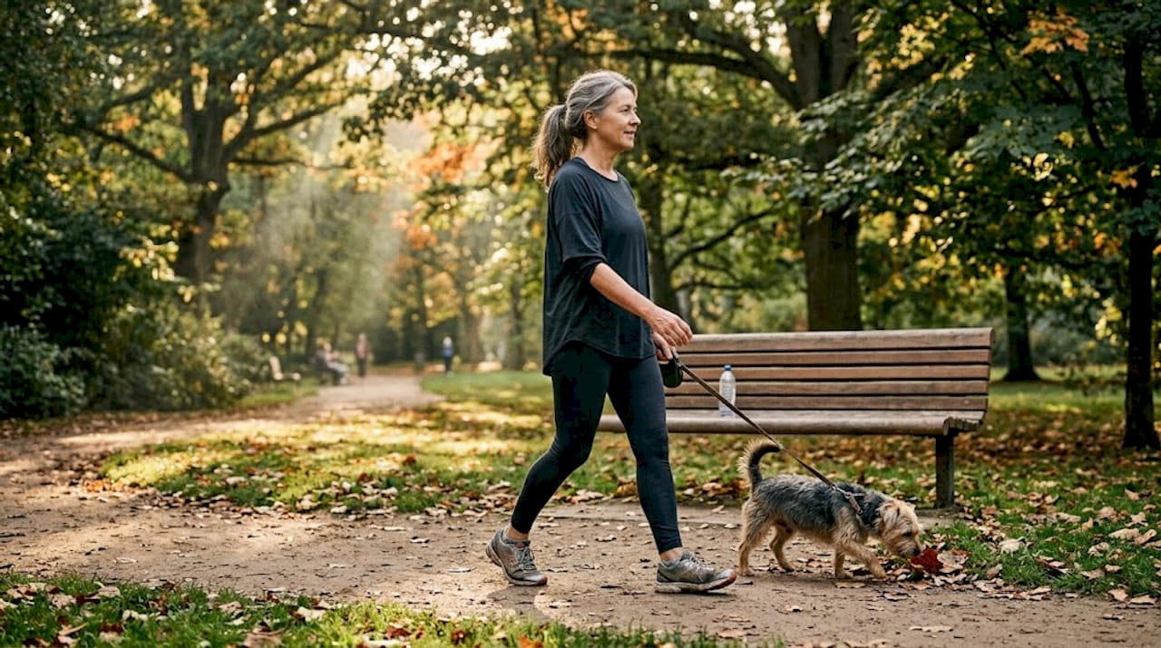 Uma mulher passeia por um parque onde as árvores lançam sombra ao longo dos caminhos.