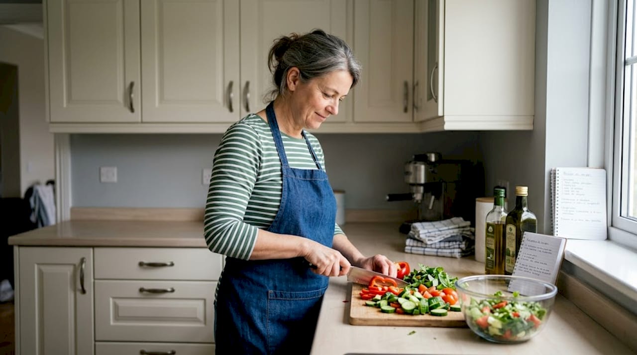 Numa cozinha cheia de luz, uma mulher prepara e corta legumes sobre a bancada.